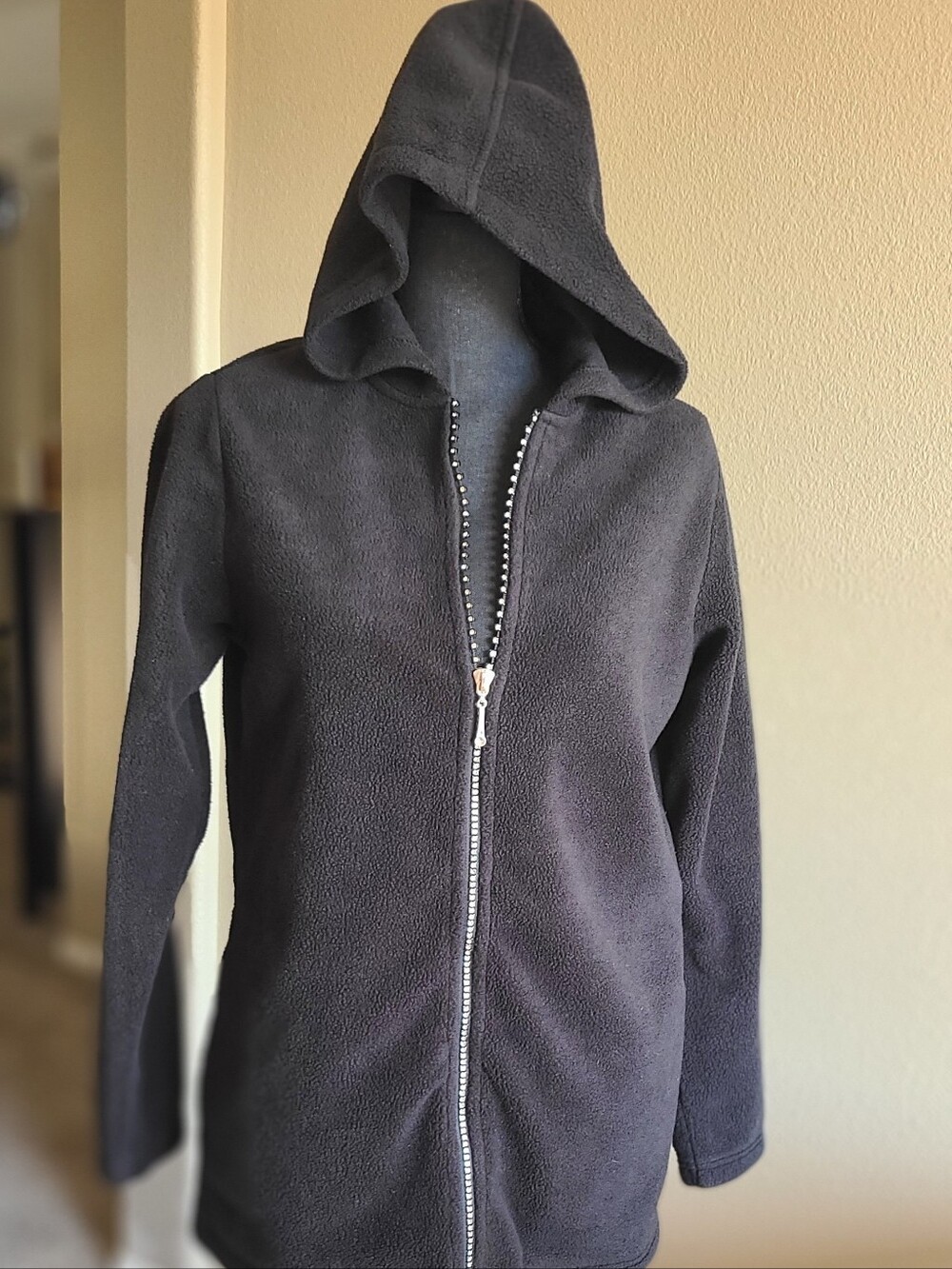 Quacker Factory Black Hooded Teddy Fleece Zip Jacket with Rhinstone Zipper